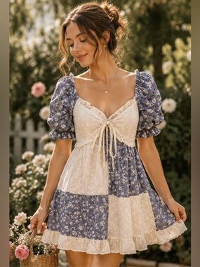 Westfade Cottagecore Patchwork Eyelet Floral Mini Dress NWT XS